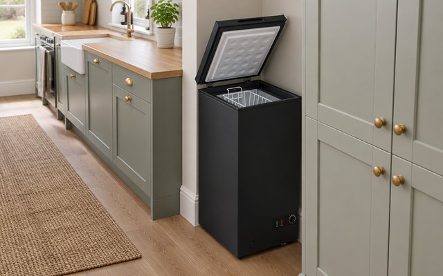 SIA 80L slimline chest freezer, fitted into a narrow gap at the end of a British galley kitchen beside a tall cupboard