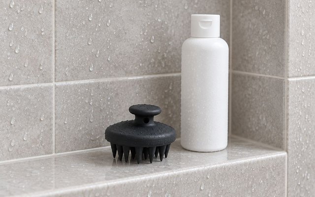 Black silicone shampoo brush on a tiled shower shelf beside a plain bottle