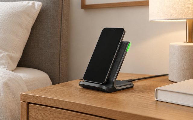INIU wireless charger stand, on a wooden nightstand beside a reading lamp and a book