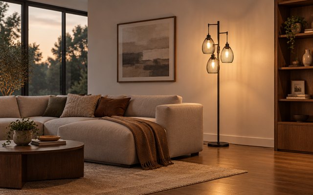 Nintiue three-light floor lamp, behind a sectional sofa in a large family room