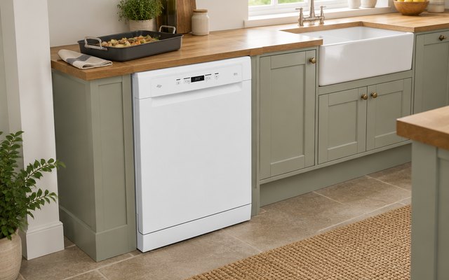 Hotpoint 14-place dishwasher, in a farmhouse kitchen with a wooden worktop, a roasting tin on the side ready to load