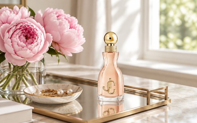 Jimmy Choo I Want Choo Eau de Parfum, perfume bottle on a mirrored vanity tray beside a few pink peonies and a small jewelry dish, soft window light