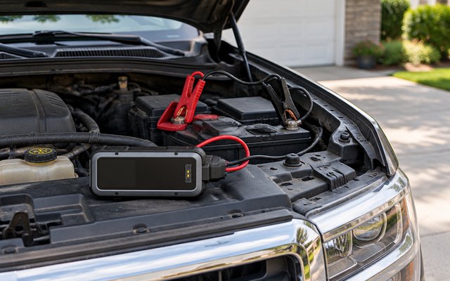 Hulkman Alpha85 jump starter, resting at the edge of a pickup truck's open engine bay in a driveway, its clamps on the battery terminals