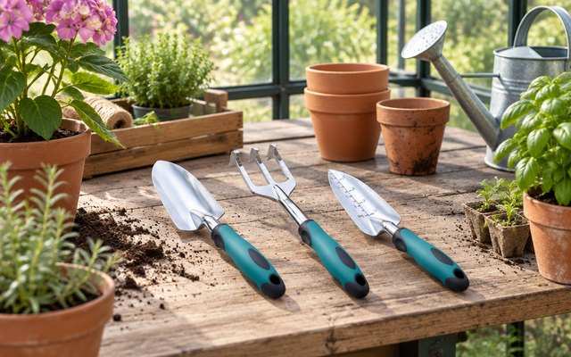 FANHAO garden tool set, on a potting bench in a bright greenhouse
