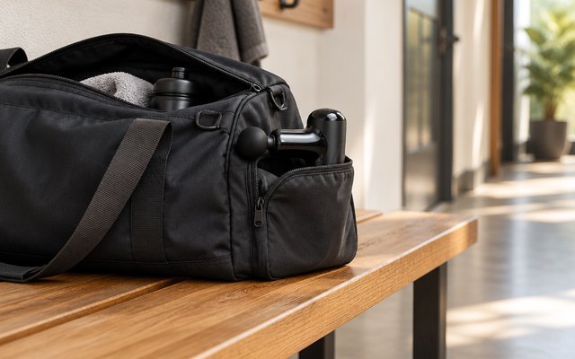 A small massage gun tucked in the side pocket of an open gym bag on a wooden hallway bench