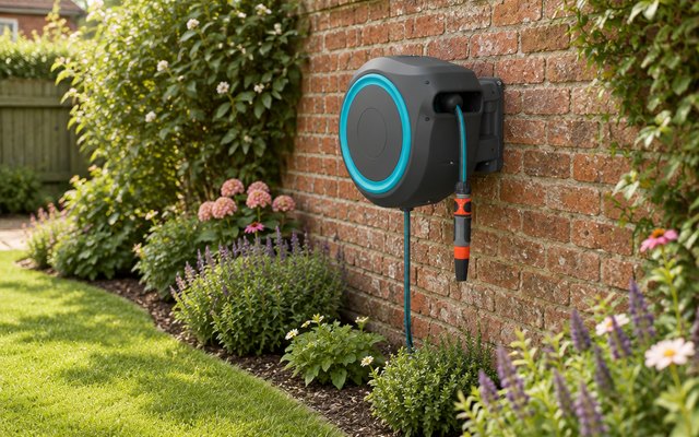 Gardena RollUp XL wall-mounted hose box, on a brick garden wall