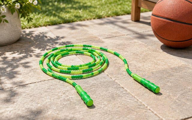 Leeboom beaded jump rope, coiled loosely on a sunny backyard patio beside a ball