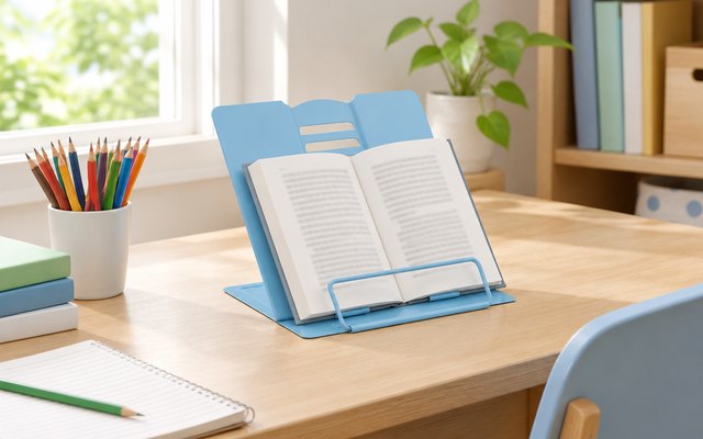MSDADA light blue stand holding a book on a child's desk