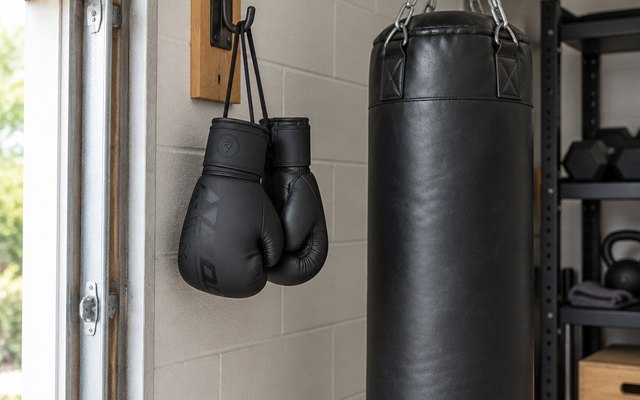 Boxing gloves, hanging by their cuffs from a hook beside a punch bag in a home garage gym