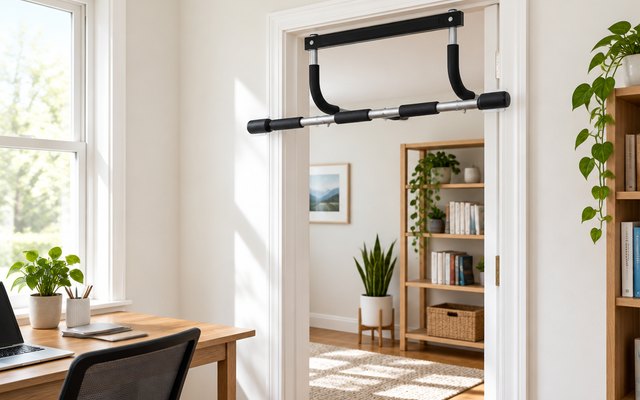 Ally Peaks Doorway Pull Up Bar, fitted in a doorway of a bright home office