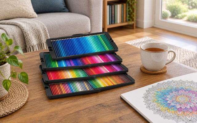 A large rainbow set of coloured pencils in an open case on a coffee table