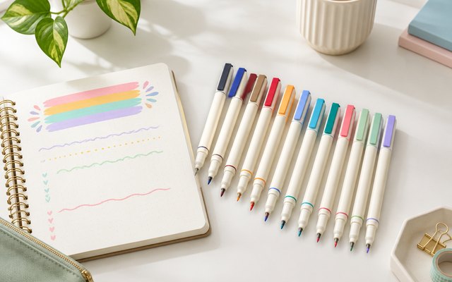 WRITECH sign brush pens, on a white desk beside an open journal with a colorful header, no readable words