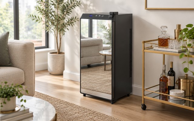 BLACK+DECKER 12-bottle wine cooler, a slim cooler with a mirrored glass door standing in a bright, modern living room
