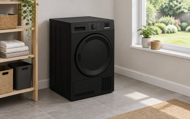 Beko 8kg condenser tumble dryer, in a utility room with a tiled floor and a window looking onto a garden