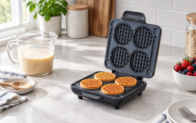 Mini waffle maker that makes four at once, on a breakfast bar beside a jug of batter, lid open with four small round waffles