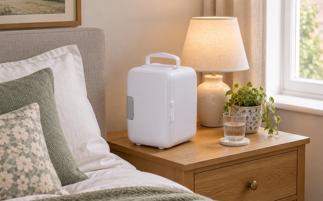 Russell Hobbs retro mini fridge, on a bedside table in a cosy British bedroom beside a lamp