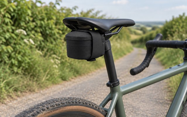 Fizik saddle bag, fixed under the saddle of a gravel bike stopped on a country lane between green hedgerows