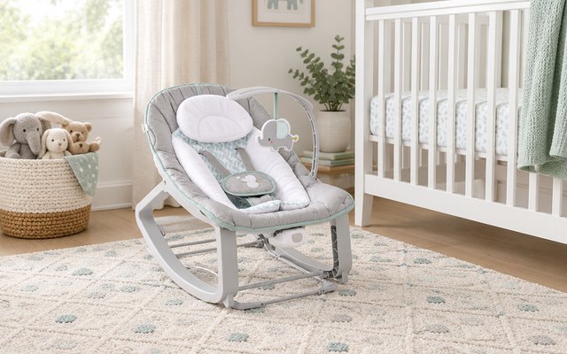 Ingenuity Keep Cozy 3-in-1 Bouncer, vibrating baby bouncer with its toy bar on a nursery rug next to a white crib and a basket of soft toys