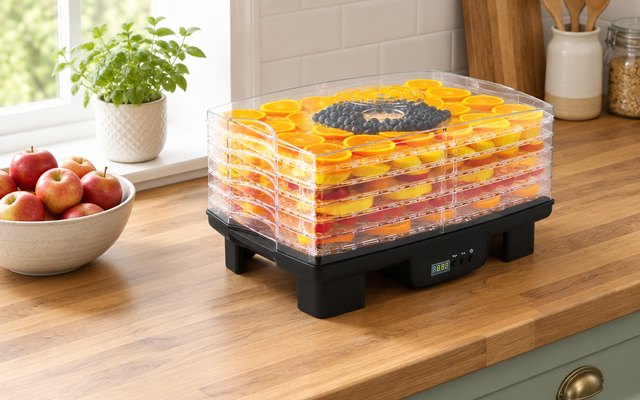 Food dehydrator, on a worktop in a British kitchen, a bowl of apples beside it