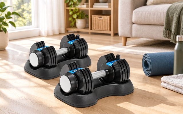 Lifepro Quick-Adjust Dumbbells, a pair of adjustable dumbbells on a light wood floor beside a yoga mat in a bright, tidy living room, morning light from a window