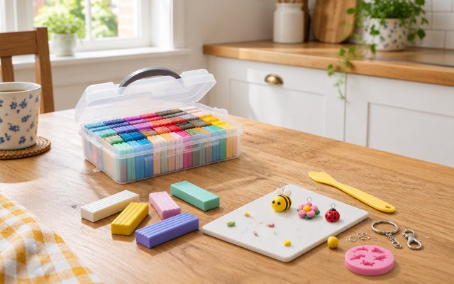 Aestd-ST polymer clay kit, on a kitchen table in a bright kitchen, a few small finished clay charms beside it