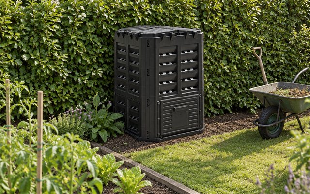 Slatted compost bin, in the corner of a large British garden next to a vegetable plot and a wheelbarrow, a hedge behind