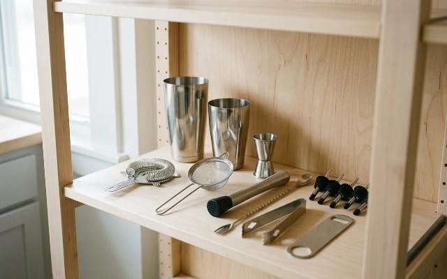 Stainless cocktail kit with shaker tins, strainers, jigger, muddler and pourers on a pale birch pantry shelf