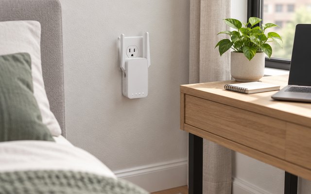 TP-Link RE315 Wi-Fi extender, plugged into an outlet beside a small desk in an apartment bedroom