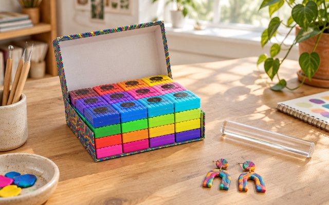 HIPPIE CRAFTER polymer clay kit, on a wooden desk in a sunny home studio beside a small acrylic roller and a pair of finished clay earrings