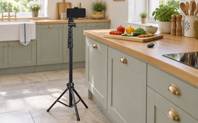 Phone tripod, set up in a bright kitchen with a phone in its clamp pointing at a chopping board