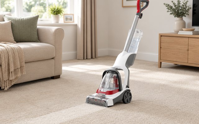 Compact upright carpet cleaner standing on a freshly cleaned cream living room carpet