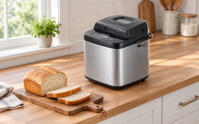 Briskind 19-in-1 bread maker, on a farmhouse kitchen counter with white shaker cabinets, a sliced loaf on a wooden board nearby