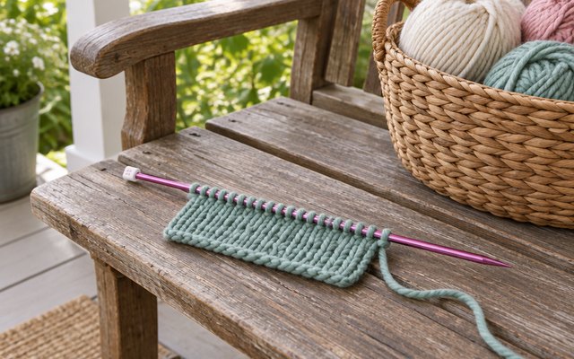 BCMRUN steel knitting needles, on a rustic porch bench beside a basket of chunky yarn