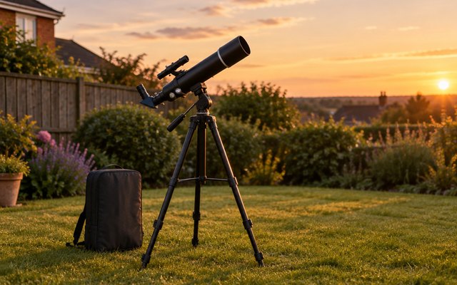 Black refractor telescope on a tripod in a back garden at golden hour