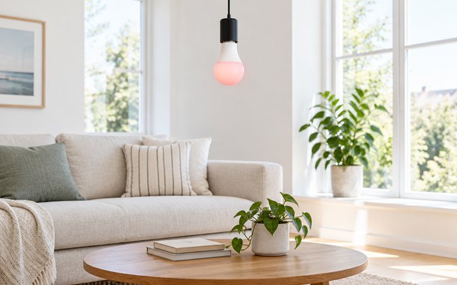 Kasa KL125 color smart bulb glowing coral in a bare pendant light over a living-room coffee table
