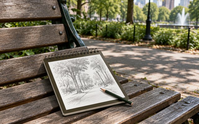 Fuxi sketch book, on a park bench in a city park