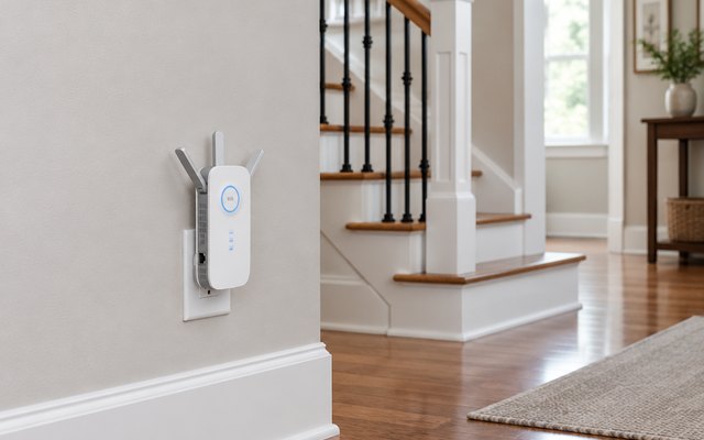 TP-Link RE550 Wi-Fi extender, plugged into a hallway outlet above the baseboard of a two-story American house, a staircase behind