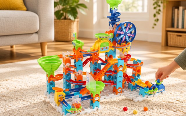 VTech Marble Rush Ultimate Set, marble run built on a living room rug with a few marbles rolling, a child hand reaching in at the edge, warm daylight