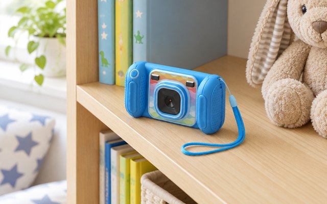 VTech KidiZoom Camera Pix Plus, on a child's bedroom bookshelf beside a stuffed animal