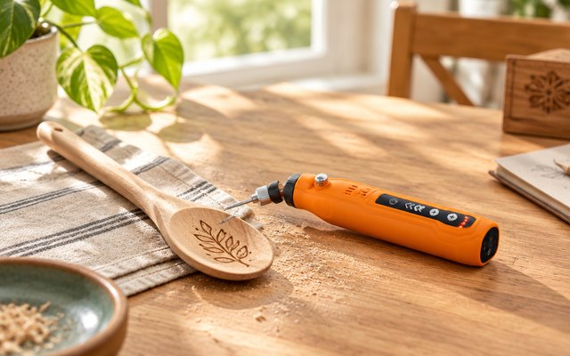 Mini cordless pen-style rotary tool, on a craft table in a sunny room beside a wooden spoon being engraved