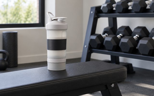 BlenderBottle ProStak shaker, on a home gym bench beside a dumbbell rack