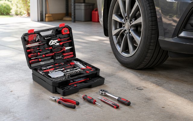 KingTool 325-piece tool kit, on a garage floor beside the front wheel of a parked car