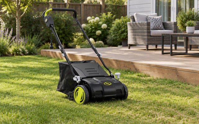 Sun Joe electric dethatcher, on a lawn next to a backyard deck with patio chairs