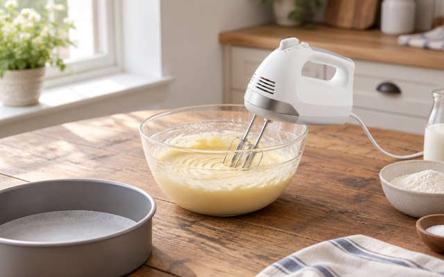 Hamilton Beach 6-speed hand mixer, on a farmhouse kitchen table beside a bowl of cake batter and a round cake pan