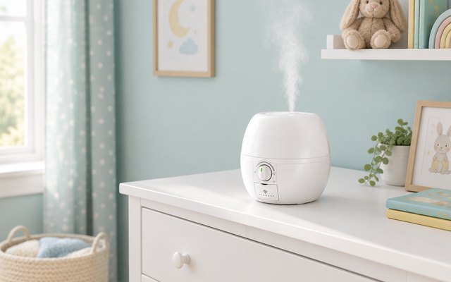 Vicks SleepyTime humidifier, on a white dresser in a child's room with pastel walls and a stuffed animal on a shelf
