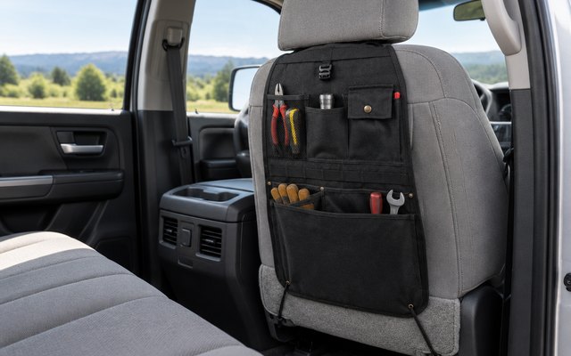 Carhartt Universal Seat Organizer, seat-back organizer hanging on the back of a front seat inside a clean pickup truck cab, a few tools in its pockets, daylight