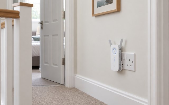 TP-Link RE550 extender, plugged into a white UK wall socket on the landing of a British house near a bedroom door