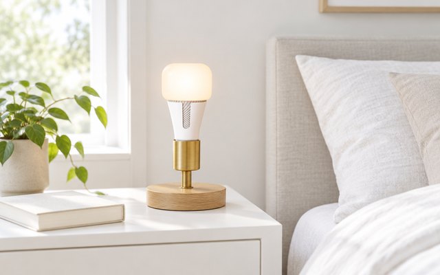 Kasa KL110 soft white smart bulb in a bare bedside lamp in a bright bedroom