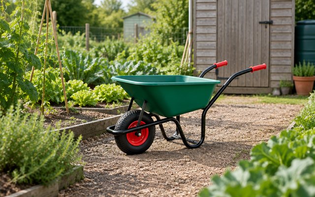 Wheelbarrow, on an allotment path between vegetable beds, a shed behind