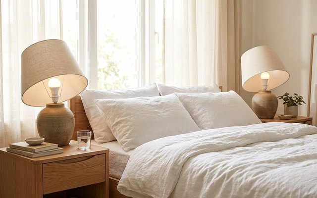 Two plain white smart bulbs glowing warm white in a pair of linen-shaded bedside lamps